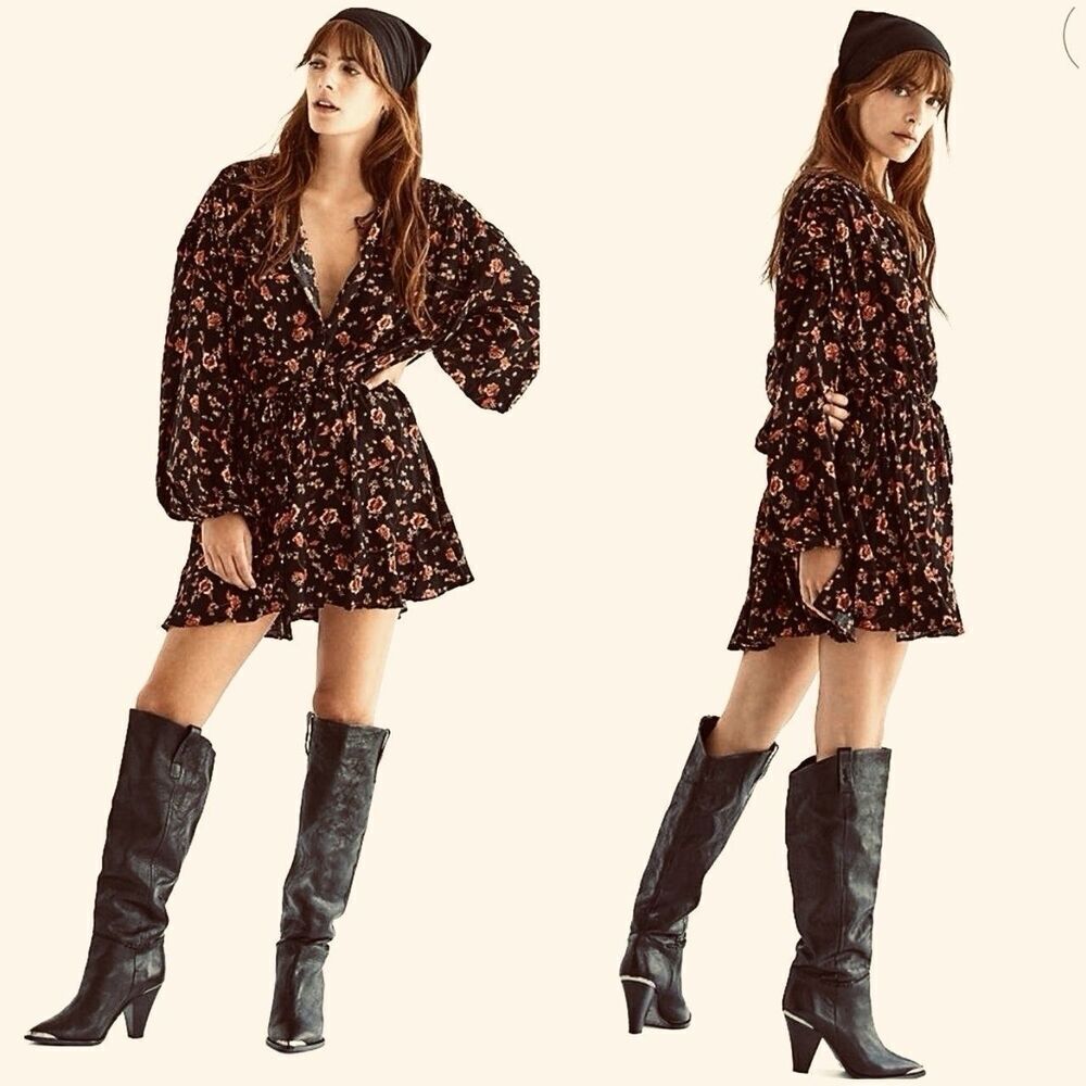Free People Flower Fields Button Down Pleated Drawstring Waist Dress Black NWT